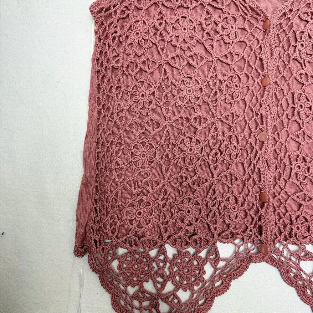 Vintage Casual Corner 90s Y2K Silk Cotton Pink Crochet Vest Sz M CottageCore